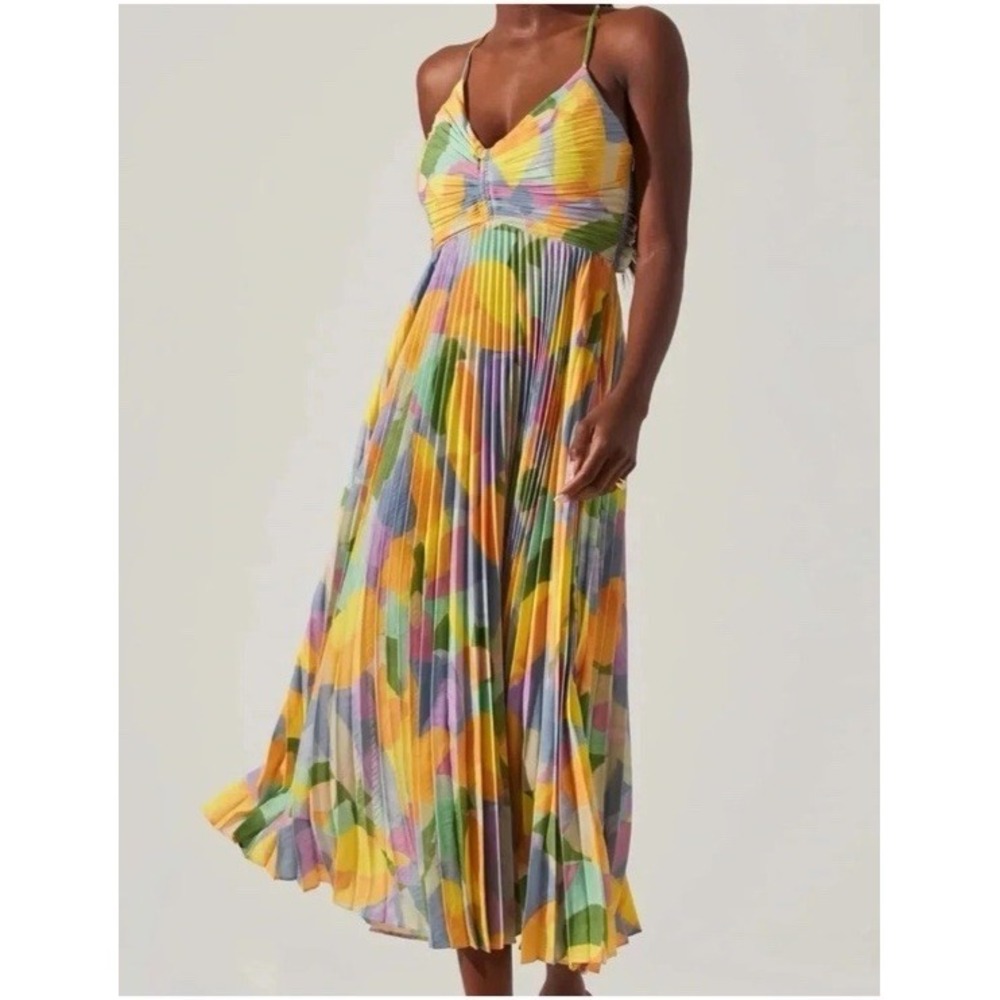 NWT ASTR the‎ Label Blythe Midi Pleated Dress Sz XL Yellow Lilac Colorful